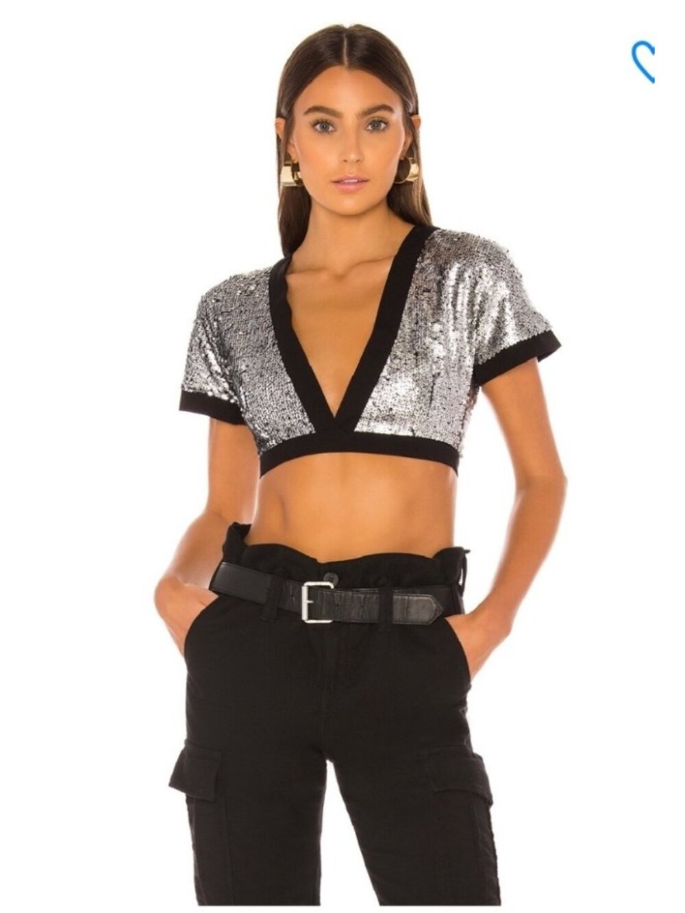 Superdown Black & Silver Sequin Cropped Top Small